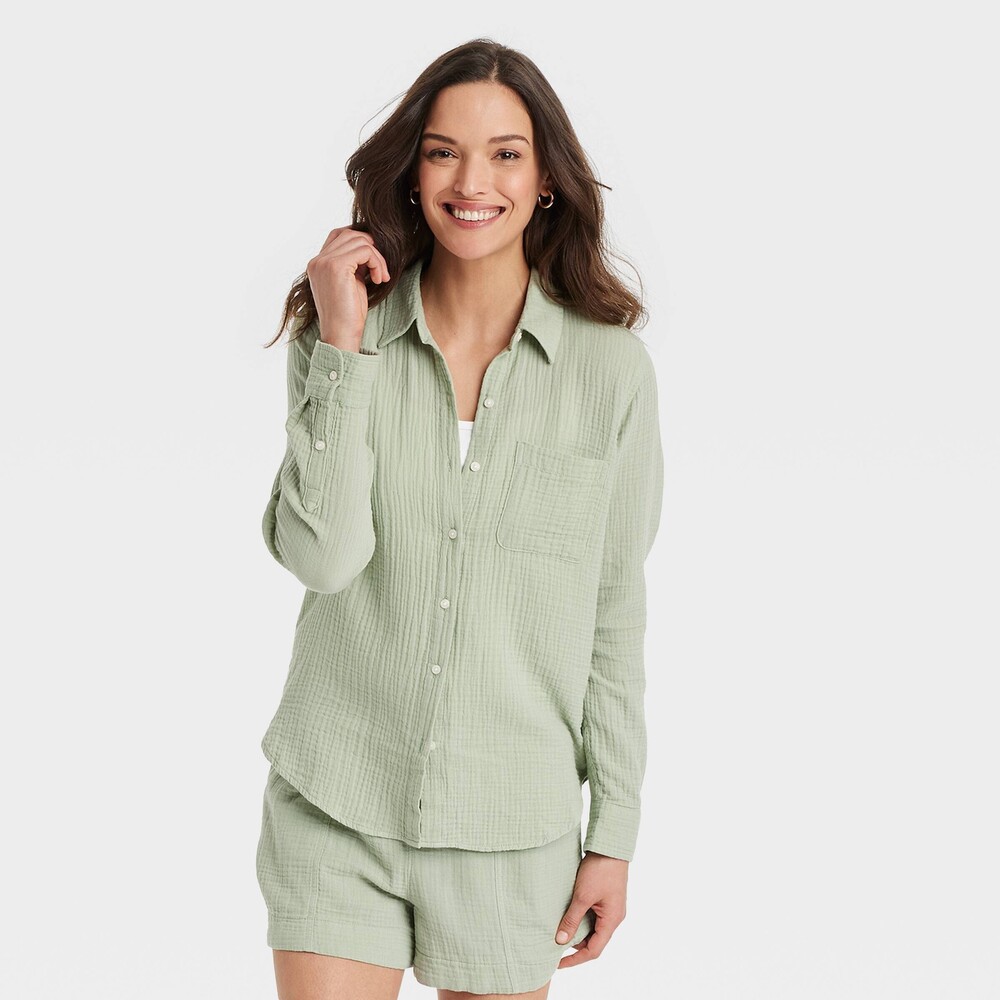 Long Sleeve Gauzy Collared Button-Down Shirt - Green M
